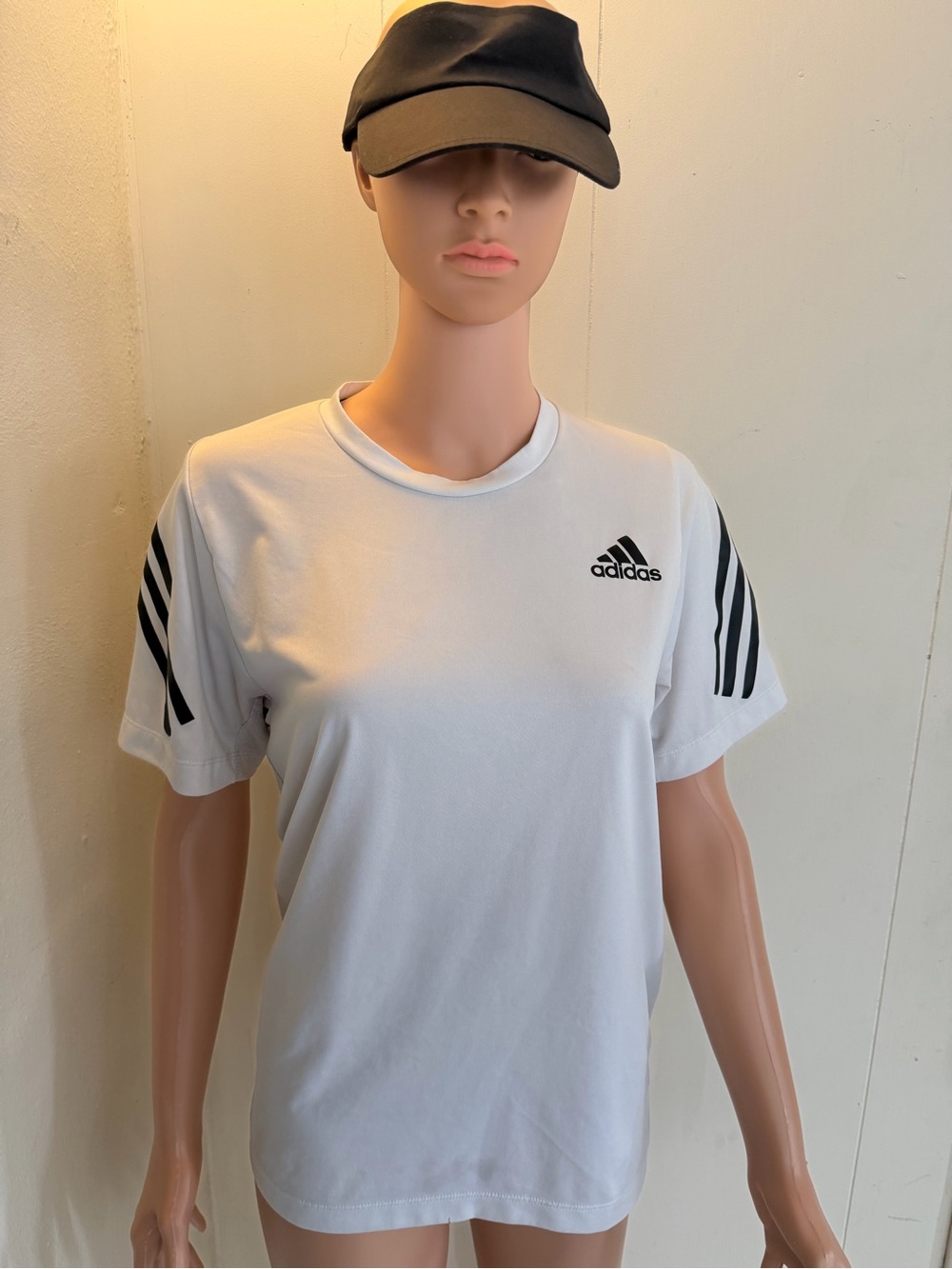 adidas White Tee with Black Logo and Shoulder Stripes